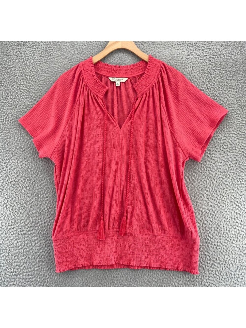 Liverpool Top Womens Extra Large Pink Textured Stripes Shirred Tassels V Neck